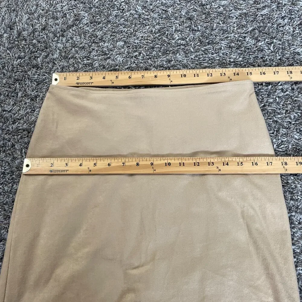 Vintage Pencil Skirt Large Tan Brown Faux Suede Fringe Boho Stretch Rodeo Y2K